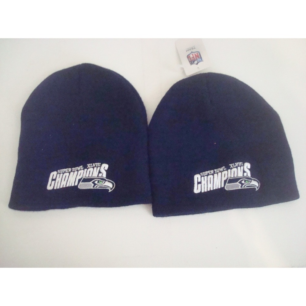 2PC LOT SEATTLE SEAHAWKS S/M BEANIE KNIT TOBOGGAN HAT CAP VINTAGE DEADSTOCK 03